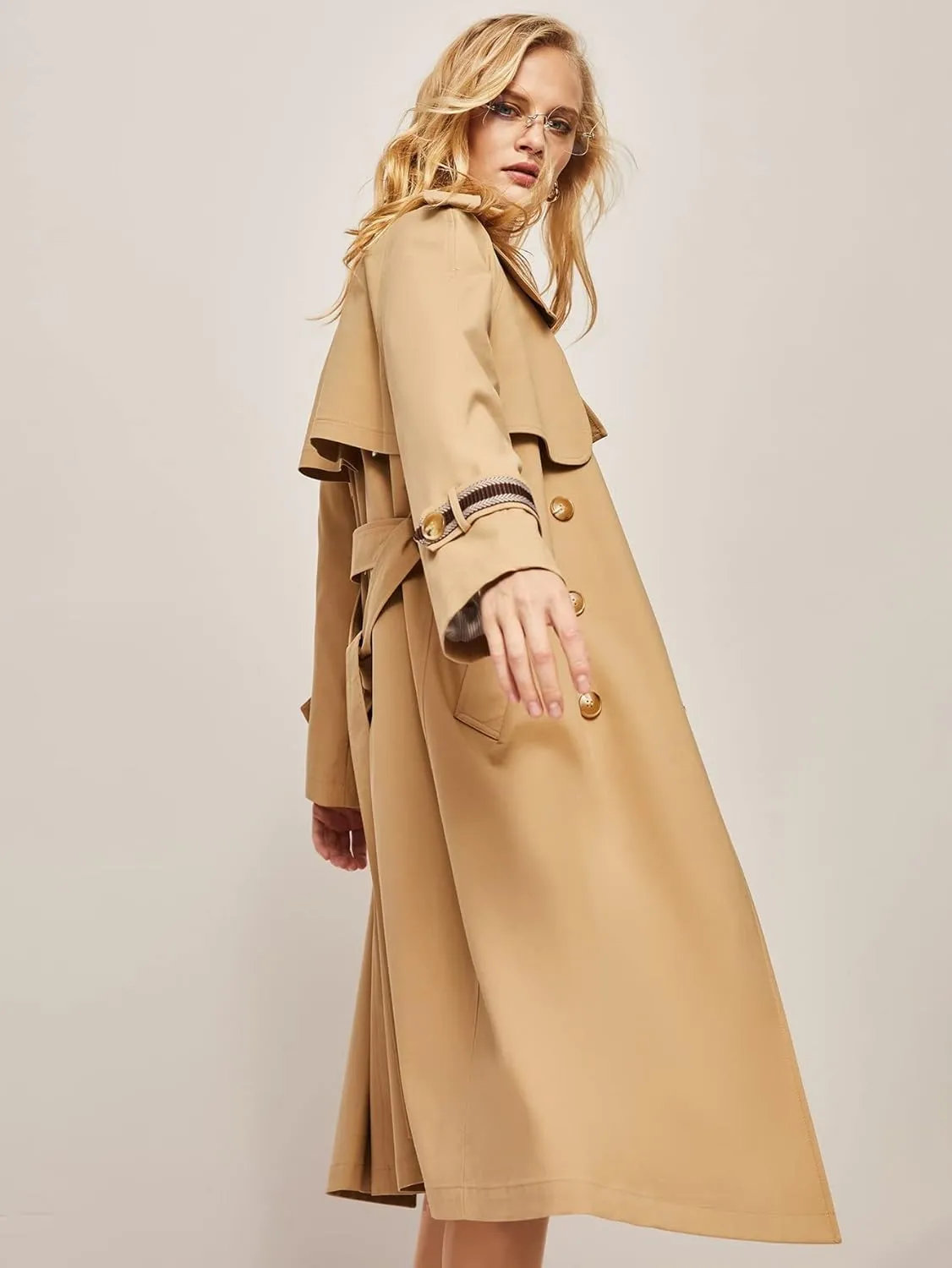 Jackets for Women Jackets - Double Button Belted Trench Coat (Color : Khaki, Size : X-Large)