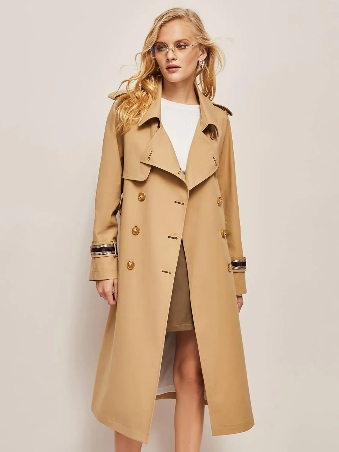 Jackets for Women Jackets - Double Button Belted Trench Coat (Color : Khaki, Size : X-Large)
