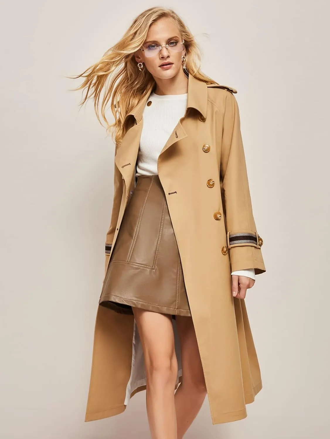 Jackets for Women Jackets - Double Button Belted Trench Coat (Color : Khaki, Size : X-Large)