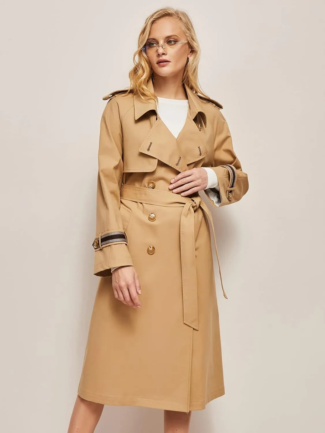 Jackets for Women Jackets - Double Button Belted Trench Coat (Color : Khaki, Size : X-Large)