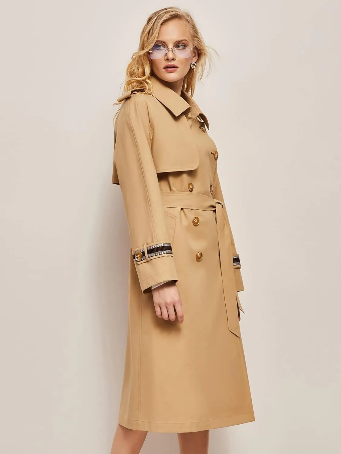 Jackets for Women Jackets - Double Button Belted Trench Coat (Color : Khaki, Size : X-Large)