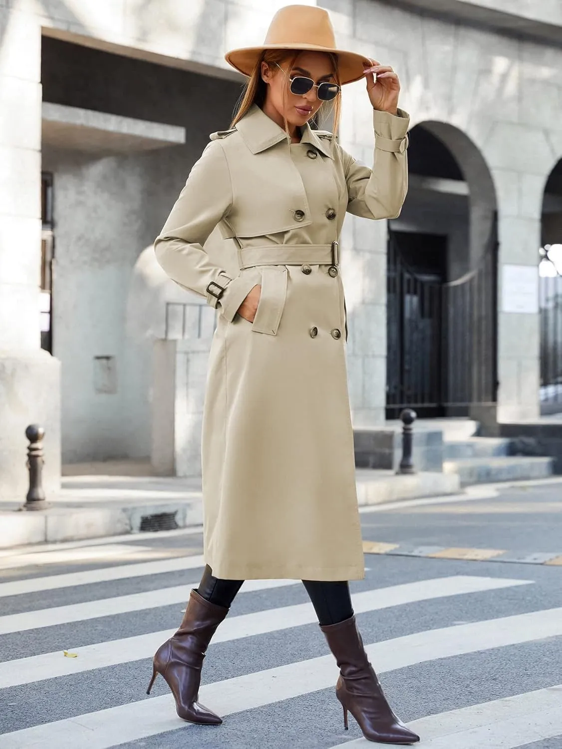 Jackets for Women Jackets - Lapel Collar Buckle Belted Trench Coat (Color : Khaki, Size : 4X-Large)