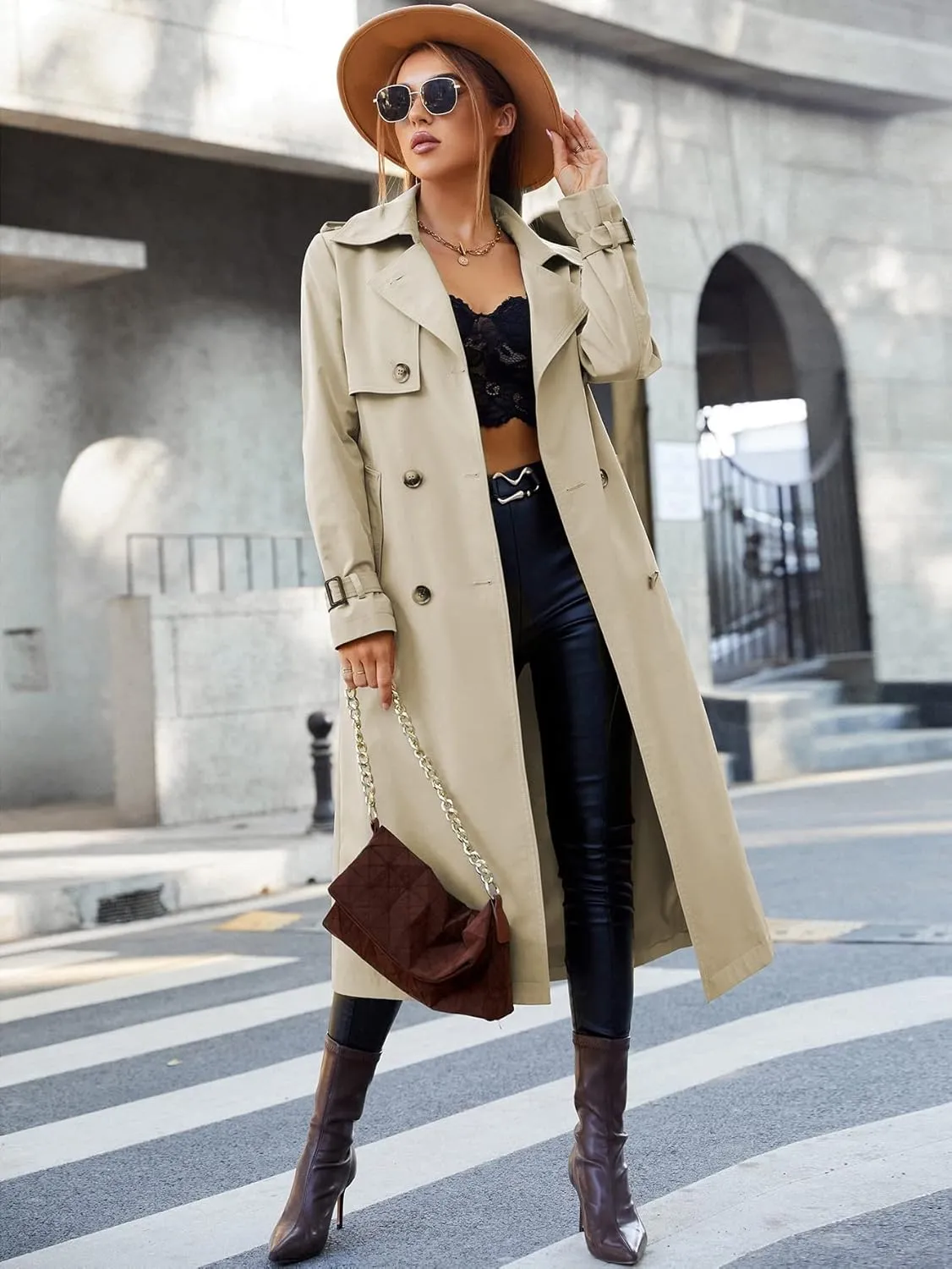 Jackets for Women Jackets - Lapel Collar Buckle Belted Trench Coat (Color : Khaki, Size : 4X-Large)