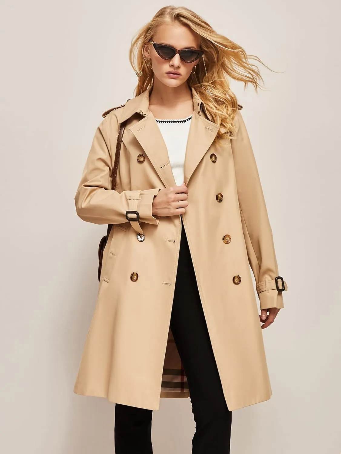 Jackets Women for Jackets - Double Breasted Belted Trench Coat (Color : Khaki, Size : Medium)