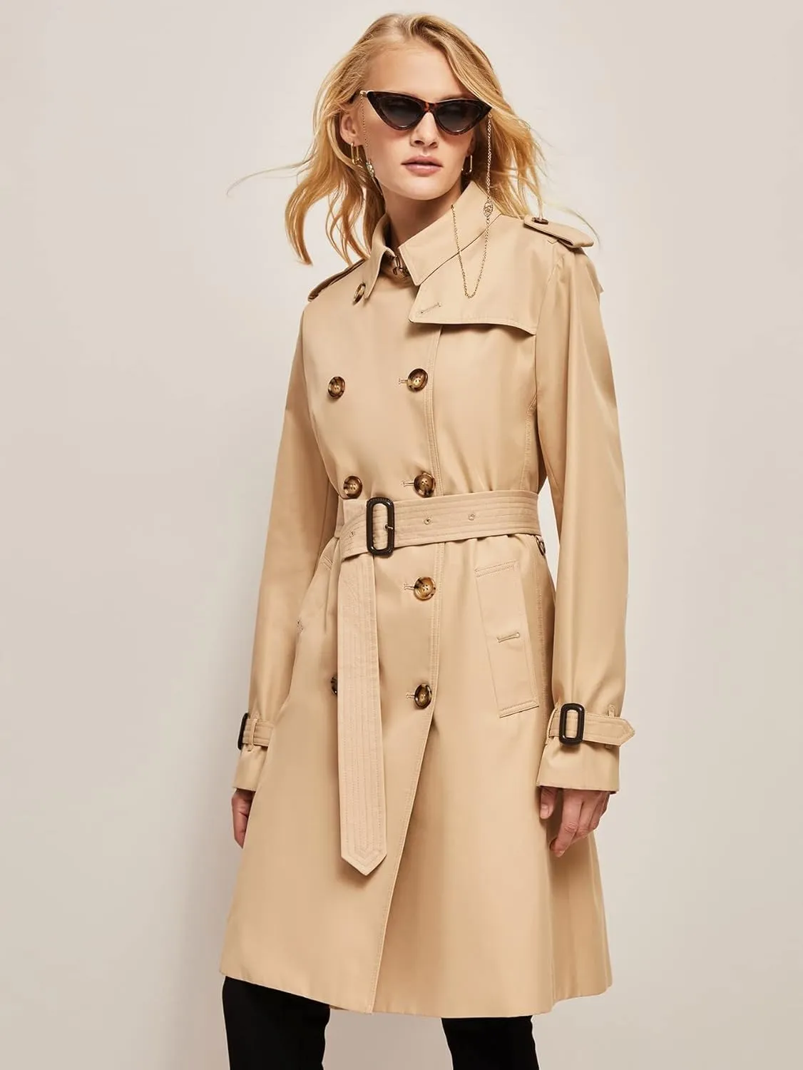 Jackets Women for Jackets - Double Breasted Belted Trench Coat (Color : Khaki, Size : Medium)
