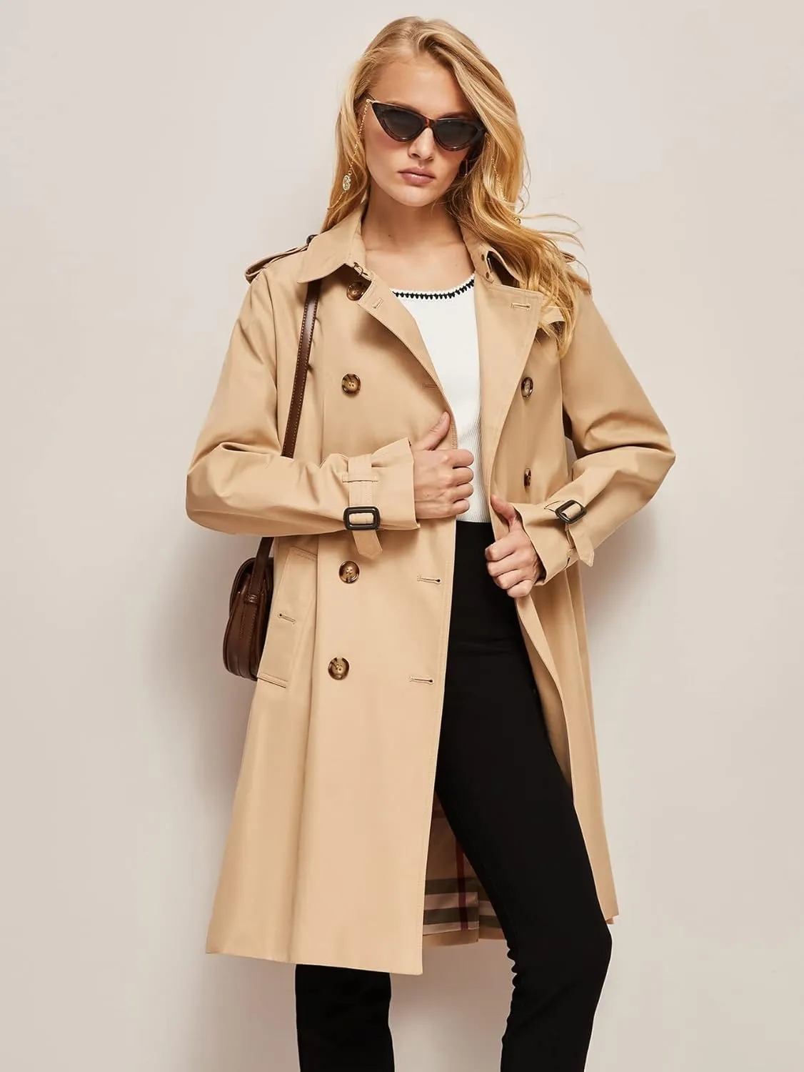 Jackets Women for Jackets - Double Breasted Belted Trench Coat (Color : Khaki, Size : Medium)