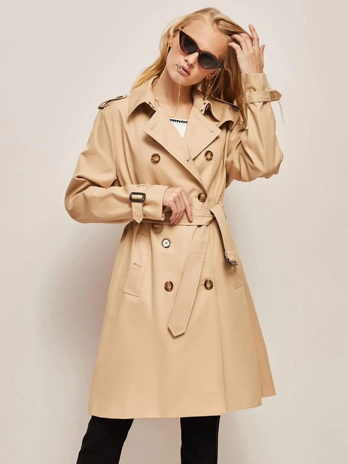 Jackets Women for Jackets - Double Breasted Belted Trench Coat (Color : Khaki, Size : Medium)