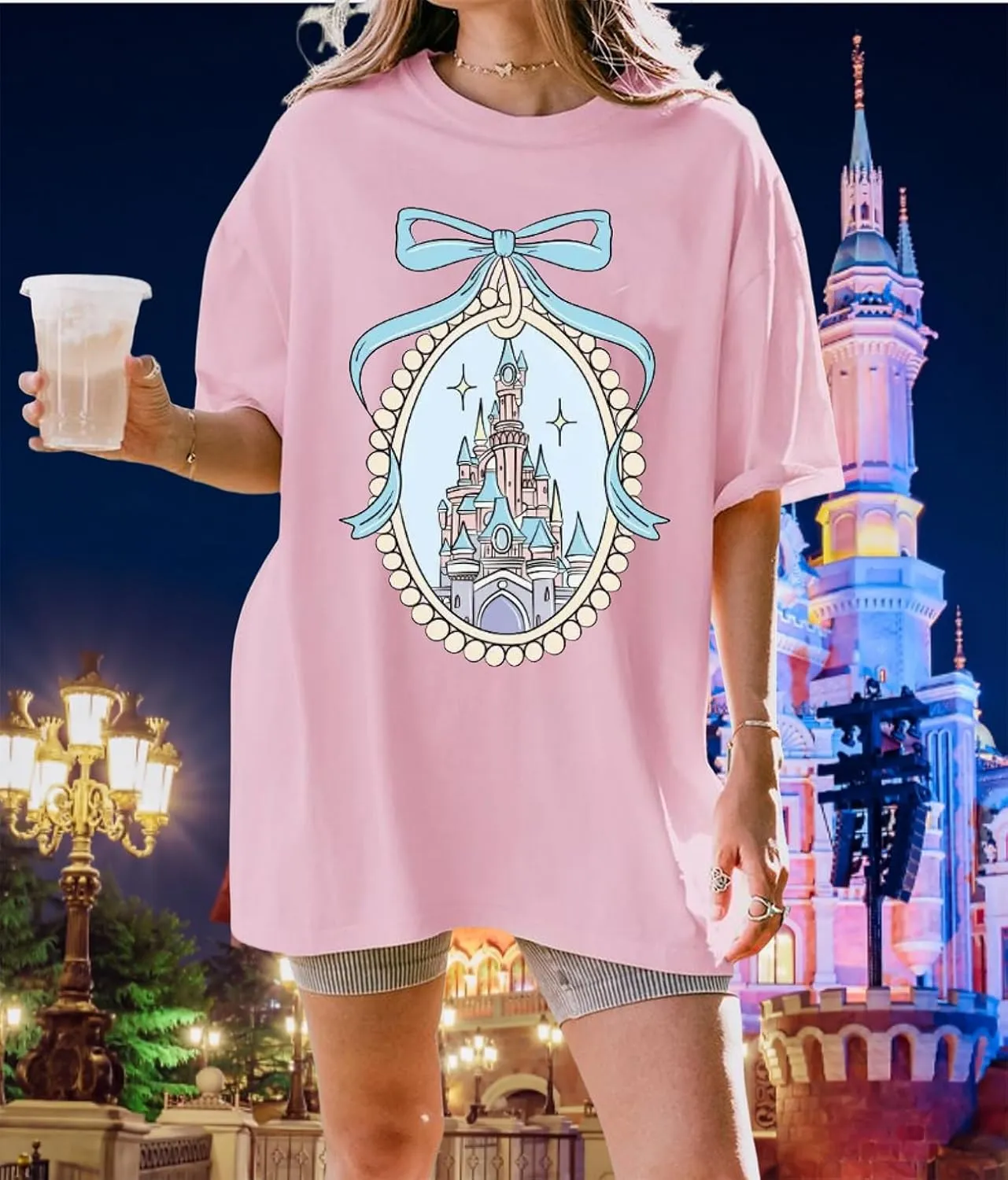 jusgai Magic Kingdom Tshirts for Women Cute Castle Shirt Oversized Bows Graphic Tee Family Vacation Short Sleeve Tops