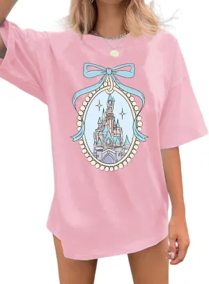 jusgai Magic Kingdom Tshirts for Women Cute Castle Shirt Oversized Bows Graphic Tee Family Vacation Short Sleeve Tops