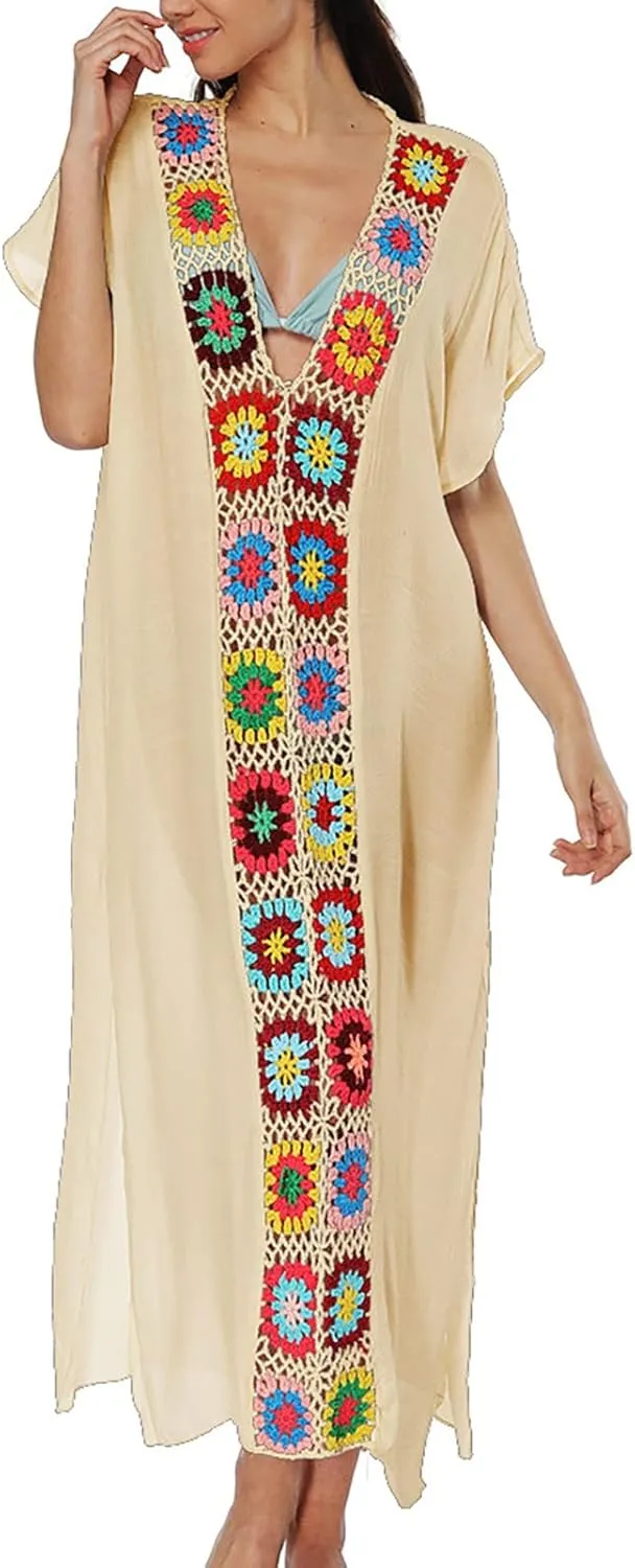 Kaftan Dresses for Women Plus Size Lightweight Swimsuit Cover up Batwing Sleeve Print Loungewear Beach Robe