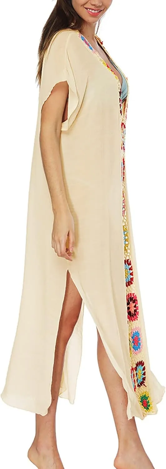 Kaftan Dresses for Women Plus Size Lightweight Swimsuit Cover up Batwing Sleeve Print Loungewear Beach Robe