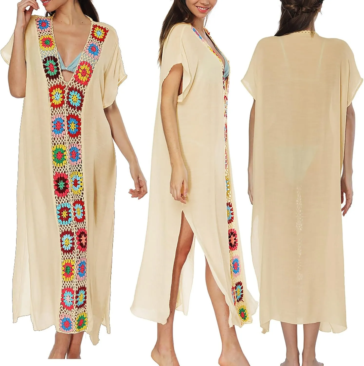 Kaftan Dresses for Women Plus Size Lightweight Swimsuit Cover up Batwing Sleeve Print Loungewear Beach Robe
