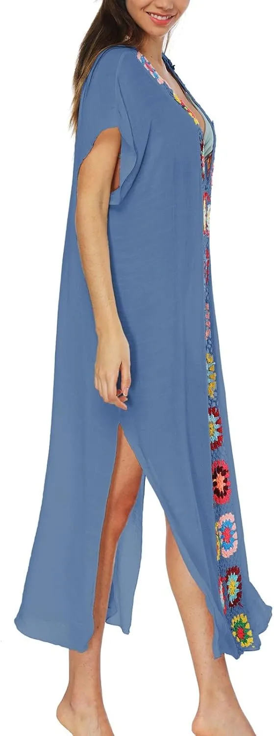 Kaftan Dresses for Women Plus Size Lightweight Swimsuit Cover up Batwing Sleeve Print Loungewear Beach Robe