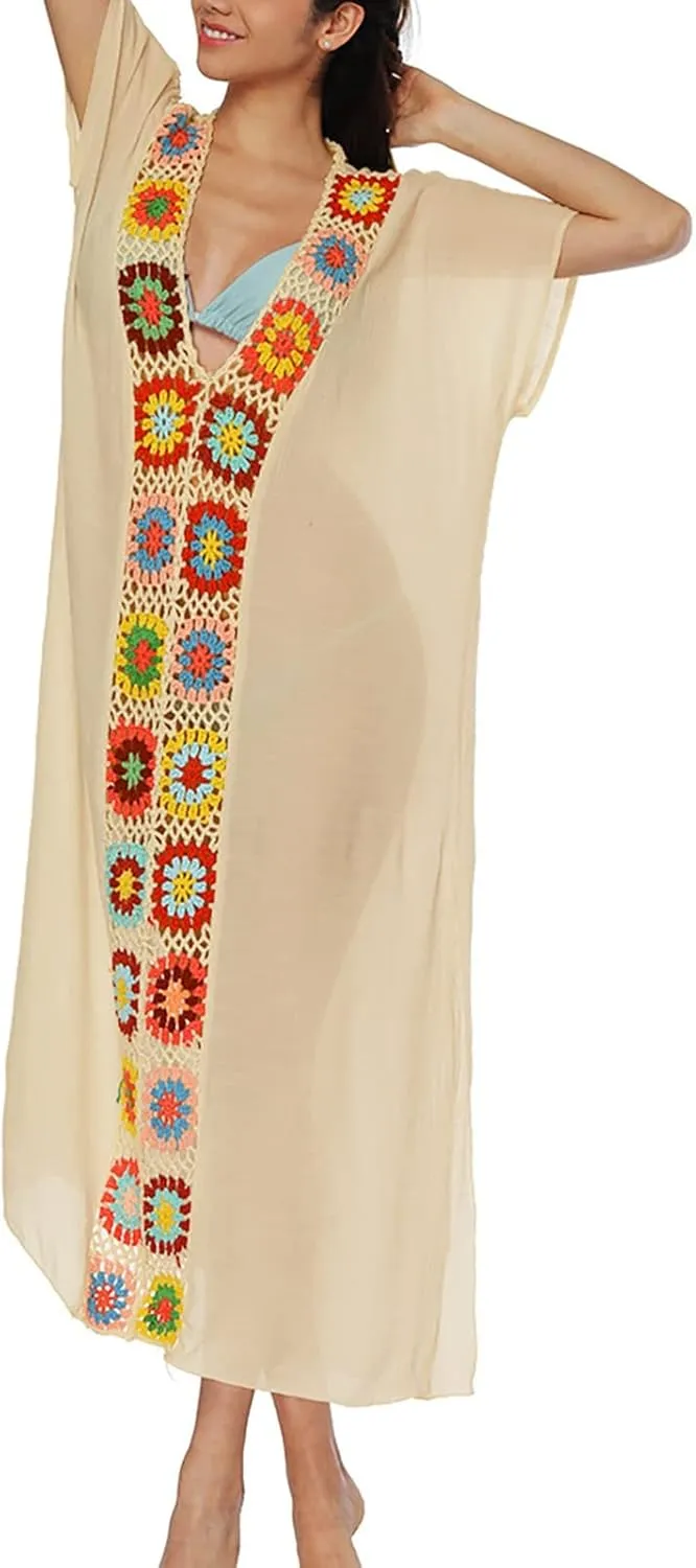 Kaftan Dresses for Women Plus Size Lightweight Swimsuit Cover up Batwing Sleeve Print Loungewear Beach Robe