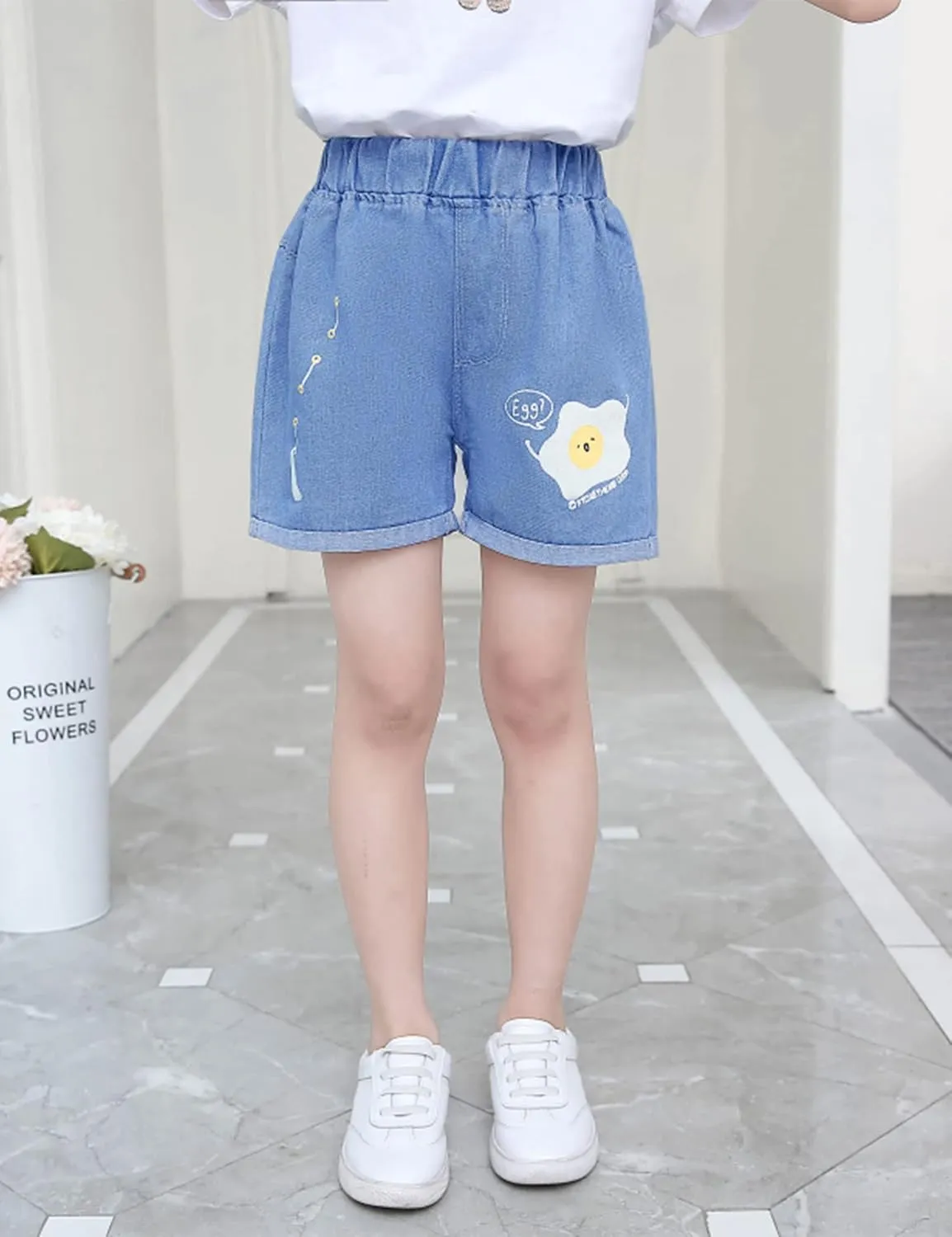 Kiench Girls' Casual Denim Shorts Summer Soft Pull On High Waisted with Pockets 3-Pack