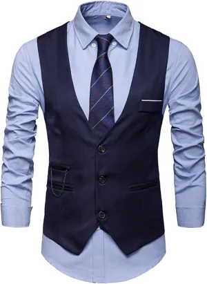 LCMTWX Men's Summer Black Solid V-Neck XL Polyester Button Closure Classic Fit Hip Length Vest with Slit Pocket