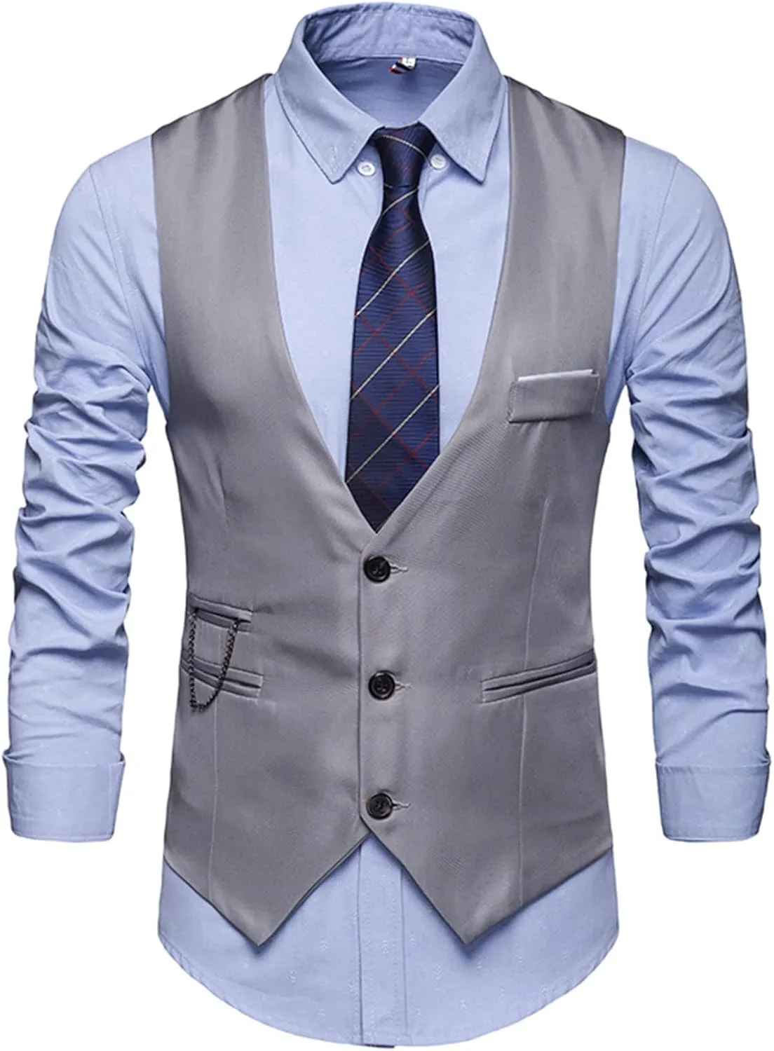 LCMTWX Men's Summer Black Solid V-Neck XL Polyester Button Closure Classic Fit Hip Length Vest with Slit Pocket