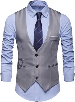 LCMTWX Men's Summer Black Solid V-Neck XL Polyester Button Closure Classic Fit Hip Length Vest with Slit Pocket