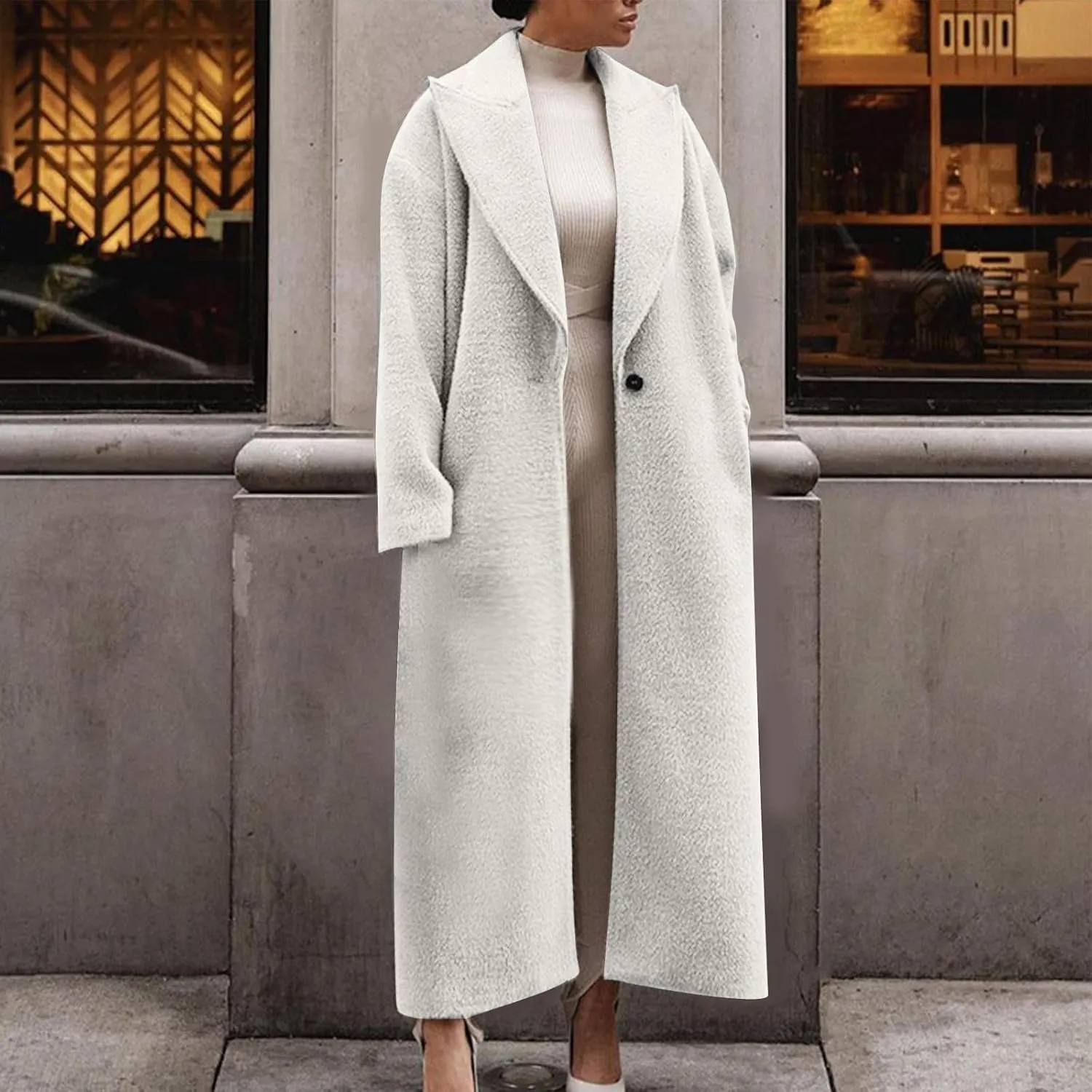 lcziwo Winter Peacoat for Women Fashion Notch Lapel Pea Coats Wool Blend Warm Long Trench Coat Casual Loose Jackets Overcoat