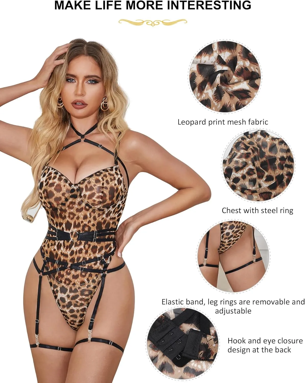 Leopard Garter Teddy Lingerie Sexy Teddy Bodysuit with Garter Belt Plus Size Adjustable Teddies Lingerie