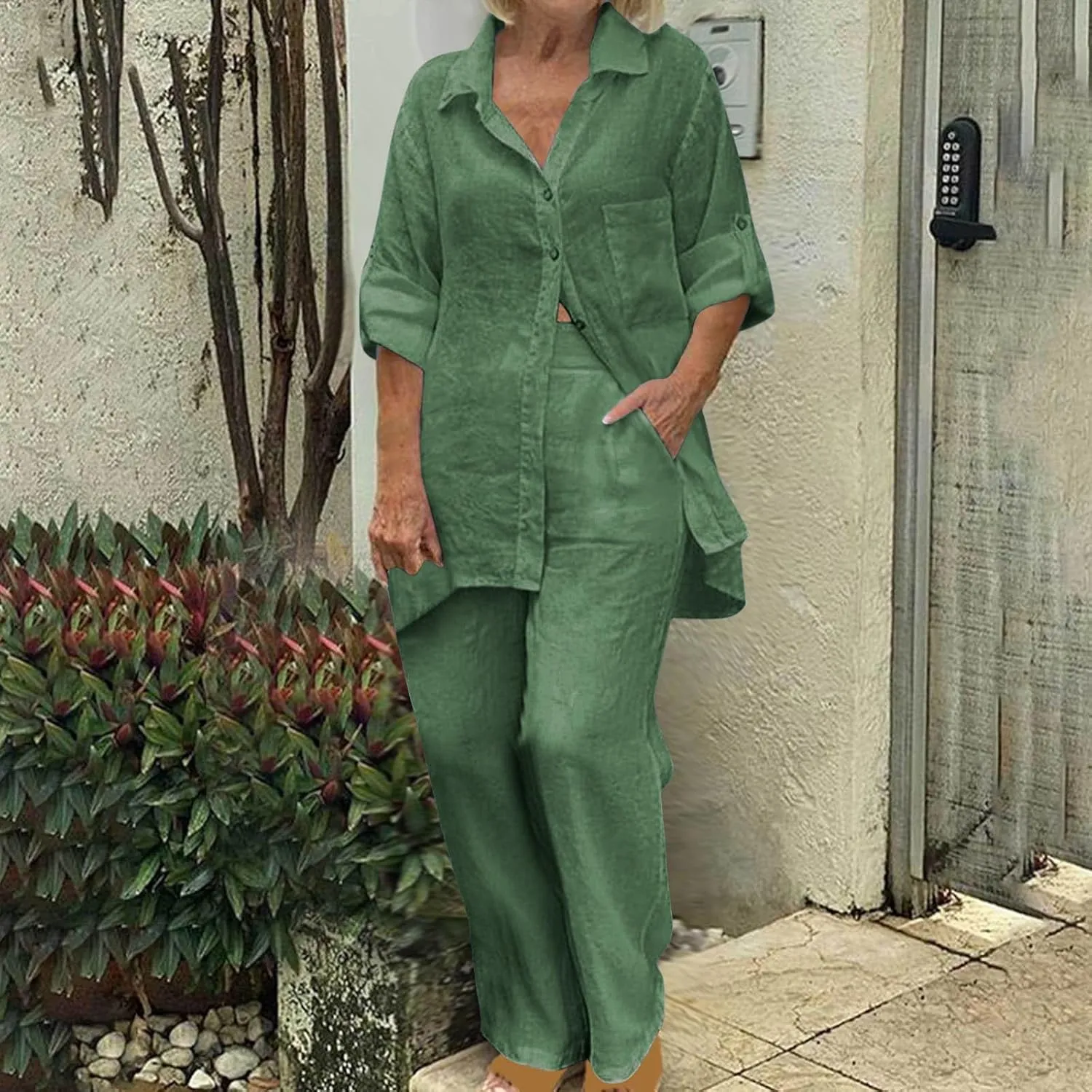 Linen 2 Piece Sets for Women Plus Size Button Down Long Sleeve Shirt Wide Leg Pant Matching Set Vacation Outfits