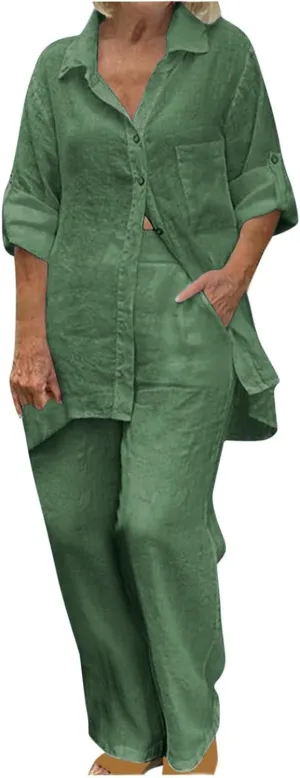 Linen 2 Piece Sets for Women Plus Size Button Down Long Sleeve Shirt Wide Leg Pant Matching Set Vacation Outfits