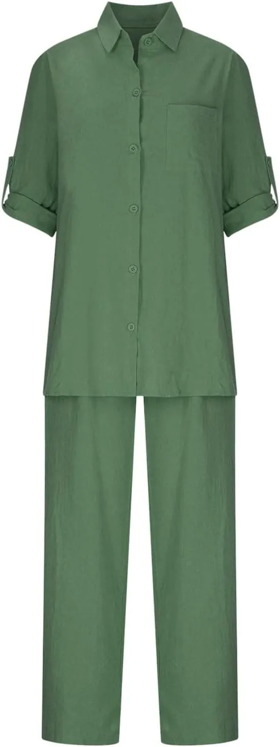 Linen 2 Piece Sets for Women Plus Size Button Down Long Sleeve Shirt Wide Leg Pant Matching Set Vacation Outfits