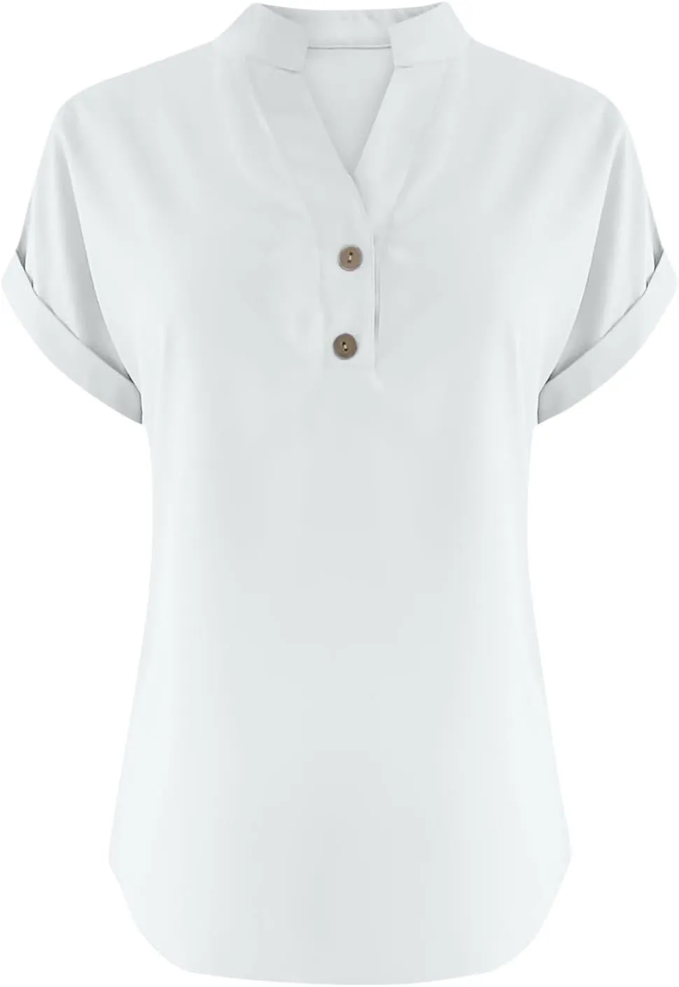 Linen Shirts for Women Casual Work Blouse Tops Summer Short Sleeve Roll Up Loose Fit V-Neck Cotton Button Up Shirt