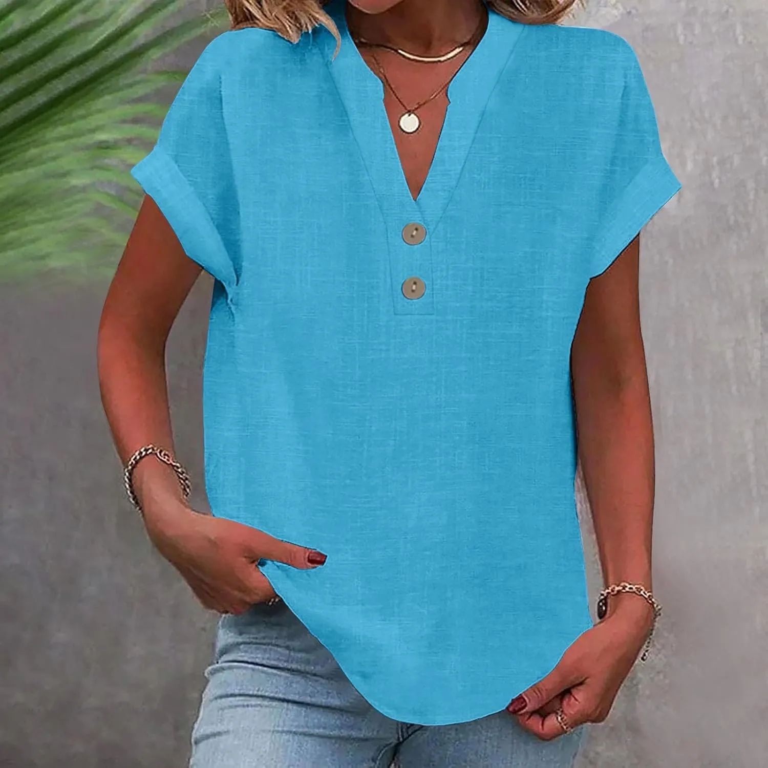 Linen Shirts for Women Casual Work Blouse Tops Summer Short Sleeve Roll Up Loose Fit V-Neck Cotton Button Up Shirt