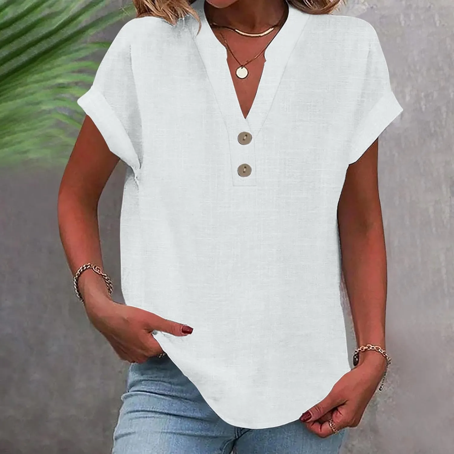 Linen Shirts for Women Casual Work Blouse Tops Summer Short Sleeve Roll Up Loose Fit V-Neck Cotton Button Up Shirt