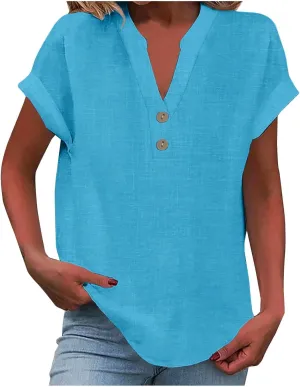 Linen Shirts for Women Casual Work Blouse Tops Summer Short Sleeve Roll Up Loose Fit V-Neck Cotton Button Up Shirt
