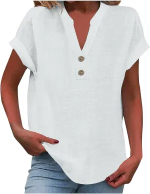 Linen Shirts for Women Casual Work Blouse Tops Summer Short Sleeve Roll Up Loose Fit V-Neck Cotton Button Up Shirt