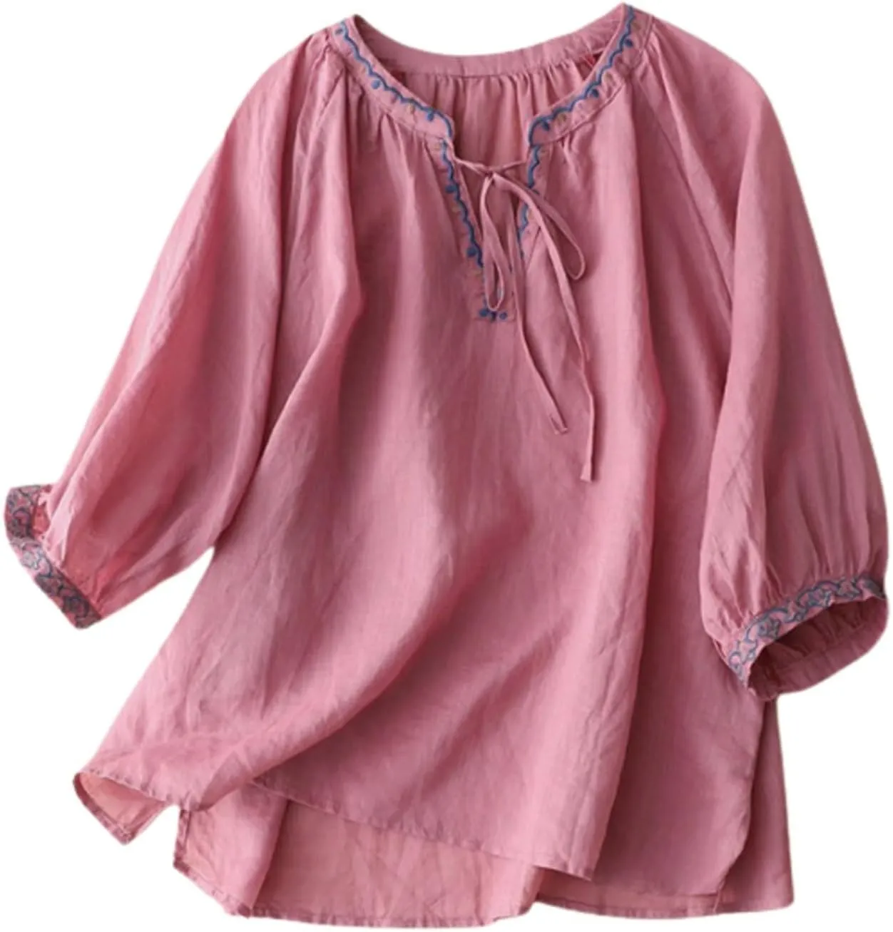 Linen Shirts for Women Crewneck Embroidery Blouse Boho Trendy Tops Short Sleeve Loose Fit Tunic Tops