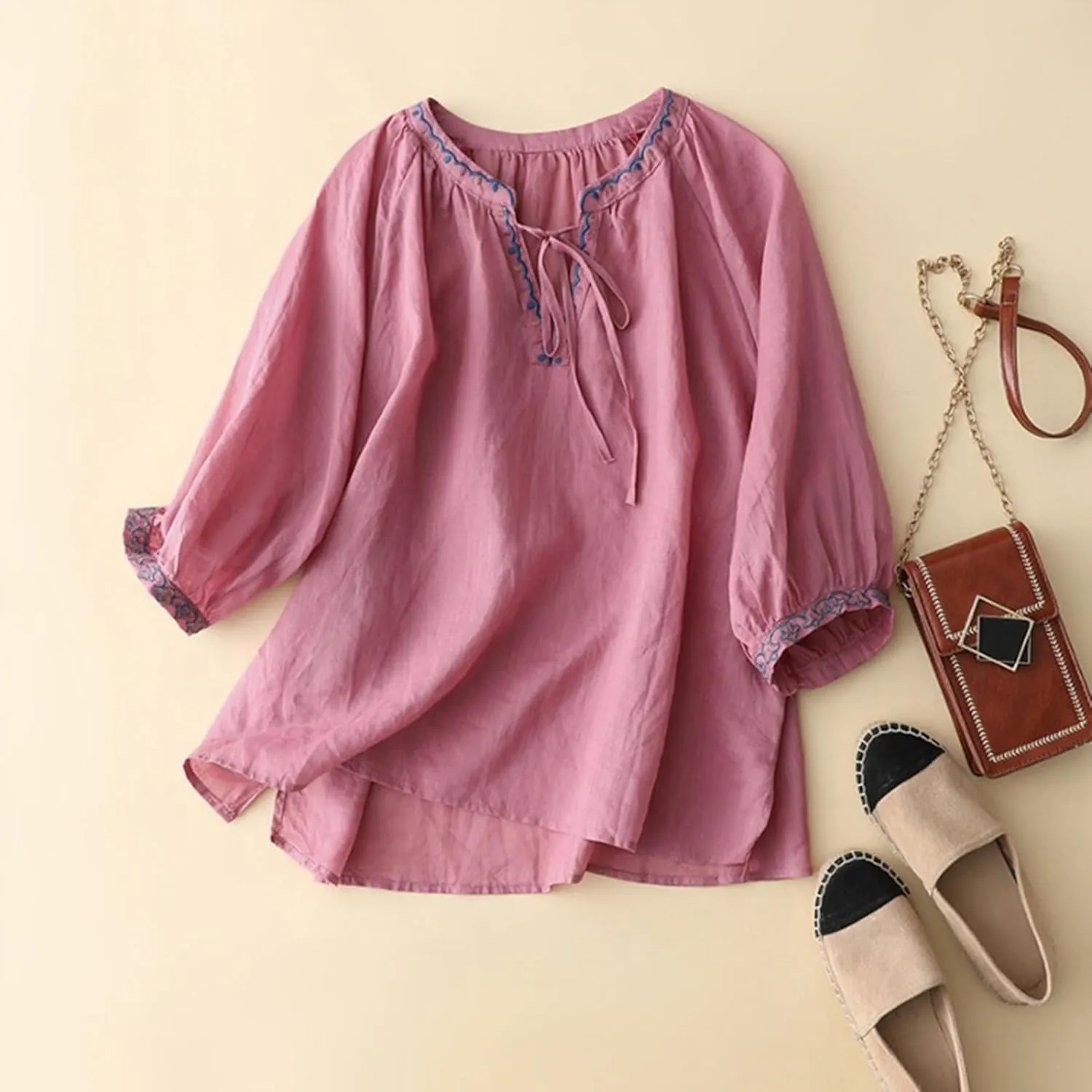 Linen Shirts for Women Crewneck Embroidery Blouse Boho Trendy Tops Short Sleeve Loose Fit Tunic Tops