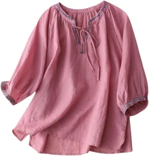 Linen Shirts for Women Crewneck Embroidery Blouse Boho Trendy Tops Short Sleeve Loose Fit Tunic Tops