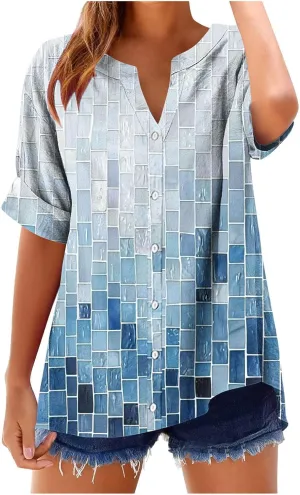 Linen Shirts Women Loose Fit Roll Up Short Sleeve Blouse Notch V Neck Button Down Tops Cute Print T-Shirt Summer 2025
