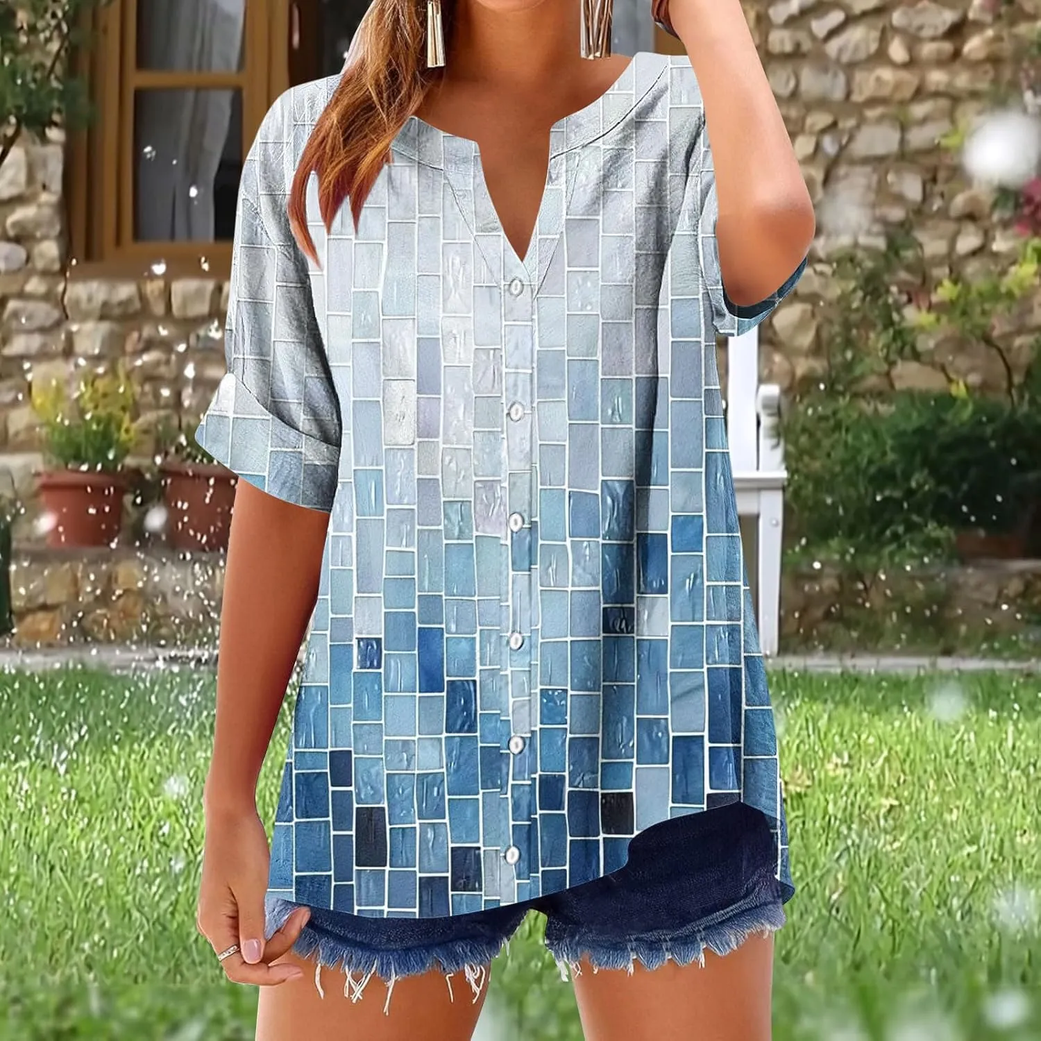 Linen Shirts Women Loose Fit Roll Up Short Sleeve Blouse Notch V Neck Button Down Tops Cute Print T-Shirt Summer 2025