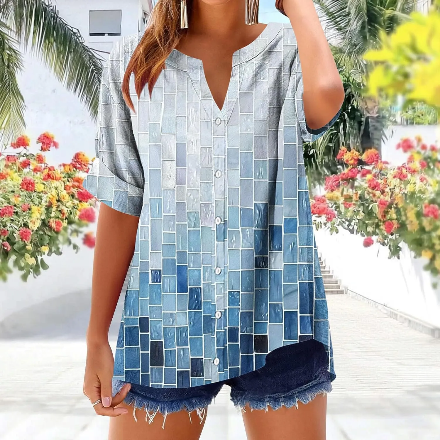 Linen Shirts Women Loose Fit Roll Up Short Sleeve Blouse Notch V Neck Button Down Tops Cute Print T-Shirt Summer 2025