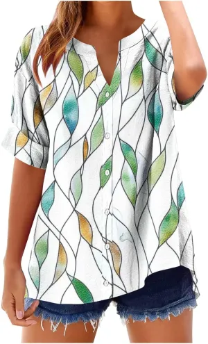 Linen Shirts Women Loose Fit Roll Up Short Sleeve Blouse Notch V Neck Button Down Tops Cute Print T-Shirt Summer 2025