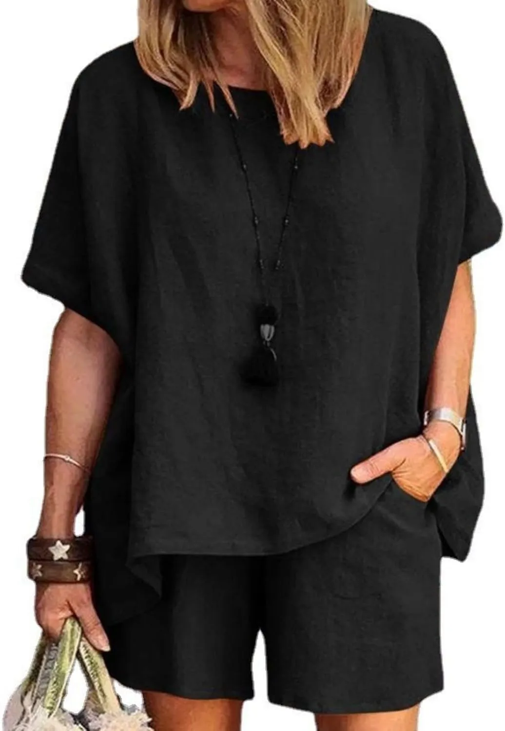 Linen Short Sets for Women 2 Piece Cotton Linen Beach Outfits Crewneck Oversized T-Shirt and Shorts Sets