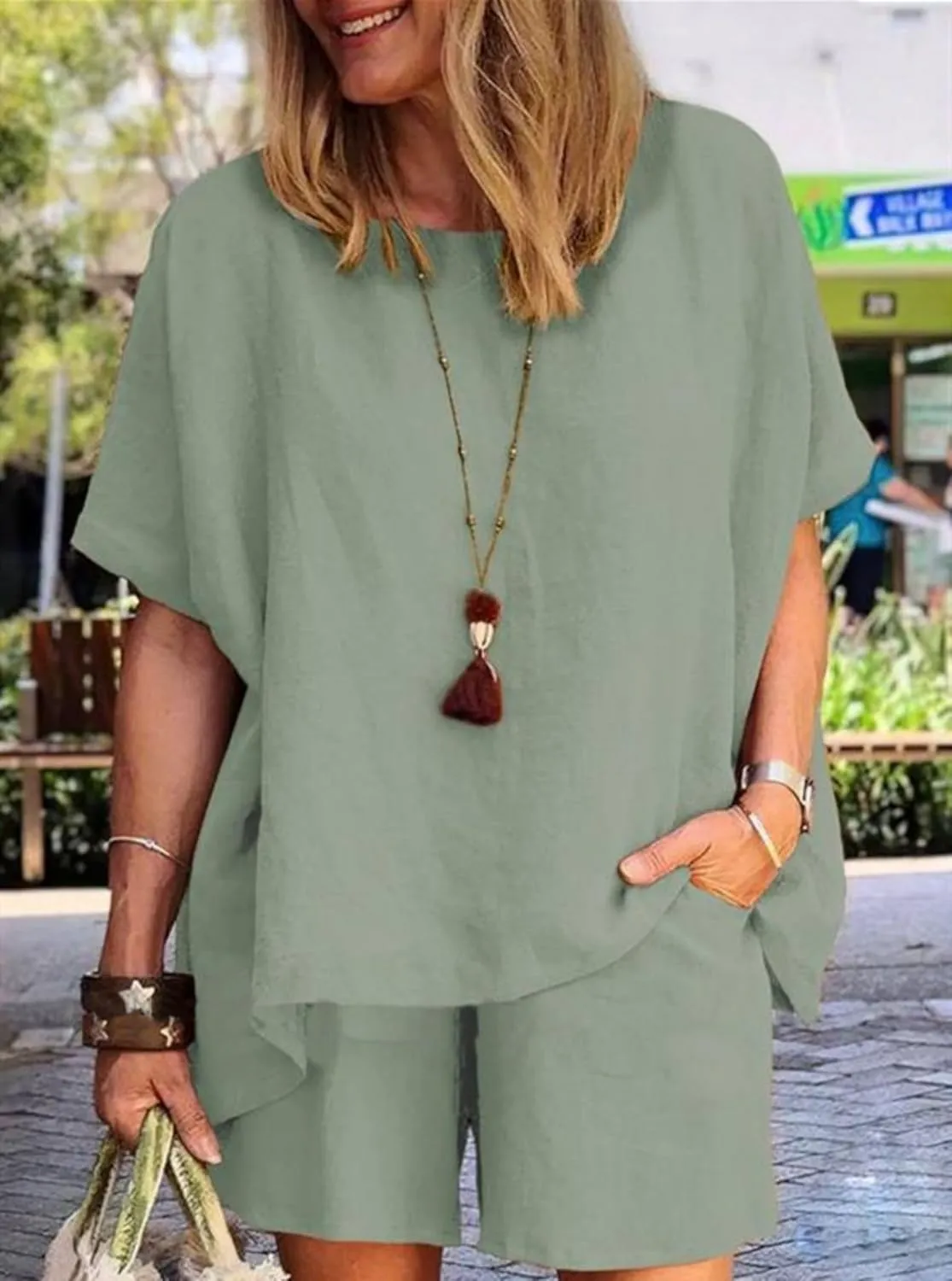 Linen Short Sets for Women 2 Piece Cotton Linen Beach Outfits Crewneck Oversized T-Shirt and Shorts Sets