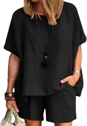 Linen Short Sets for Women 2 Piece Cotton Linen Beach Outfits Crewneck Oversized T-Shirt and Shorts Sets