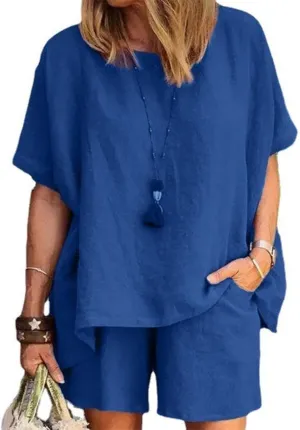 Linen Short Sets for Women 2 Piece Cotton Linen Beach Outfits Crewneck Oversized T-Shirt and Shorts Sets
