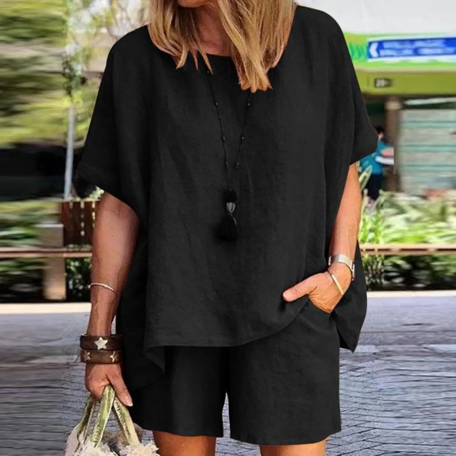 Linen Short Sets for Women 2 Piece Cotton Linen Beach Outfits Crewneck Oversized T-Shirt and Shorts Sets