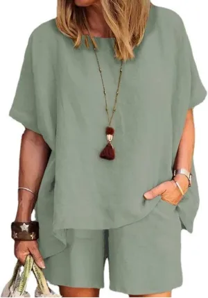 Linen Short Sets for Women 2 Piece Cotton Linen Beach Outfits Crewneck Oversized T-Shirt and Shorts Sets