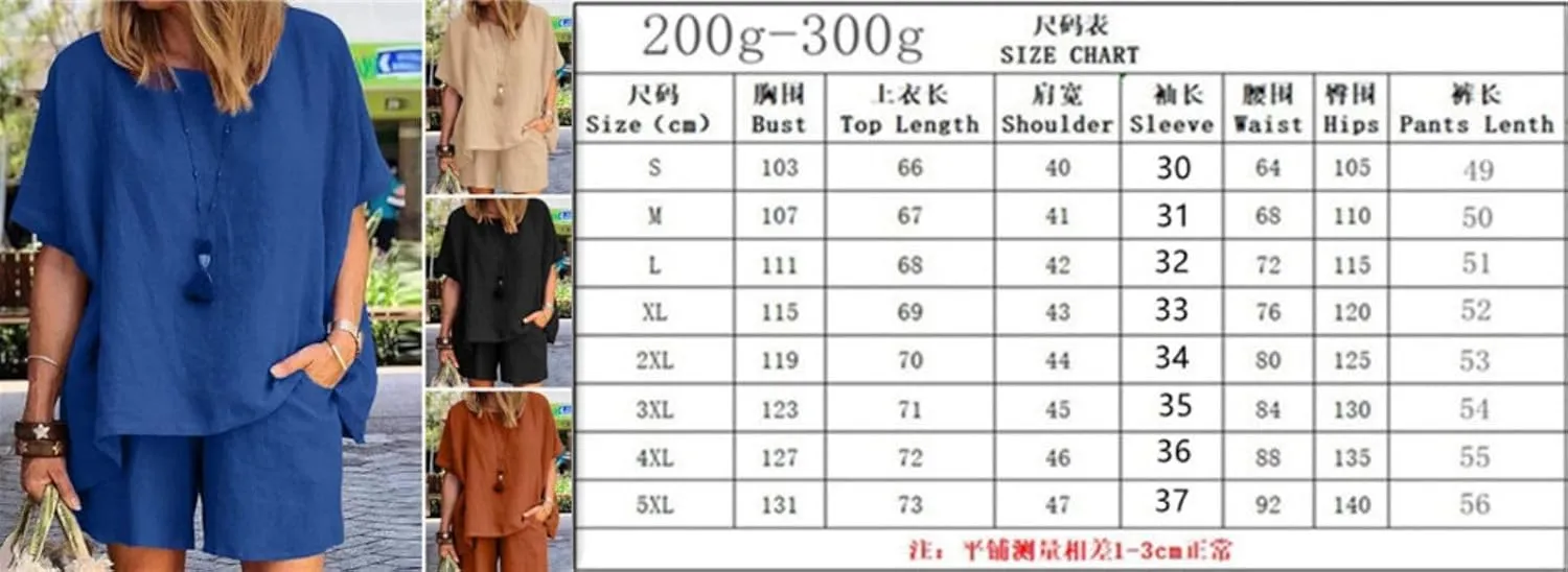 Linen Short Sets for Women 2 Piece Cotton Linen Beach Outfits Crewneck Oversized T-Shirt and Shorts Sets
