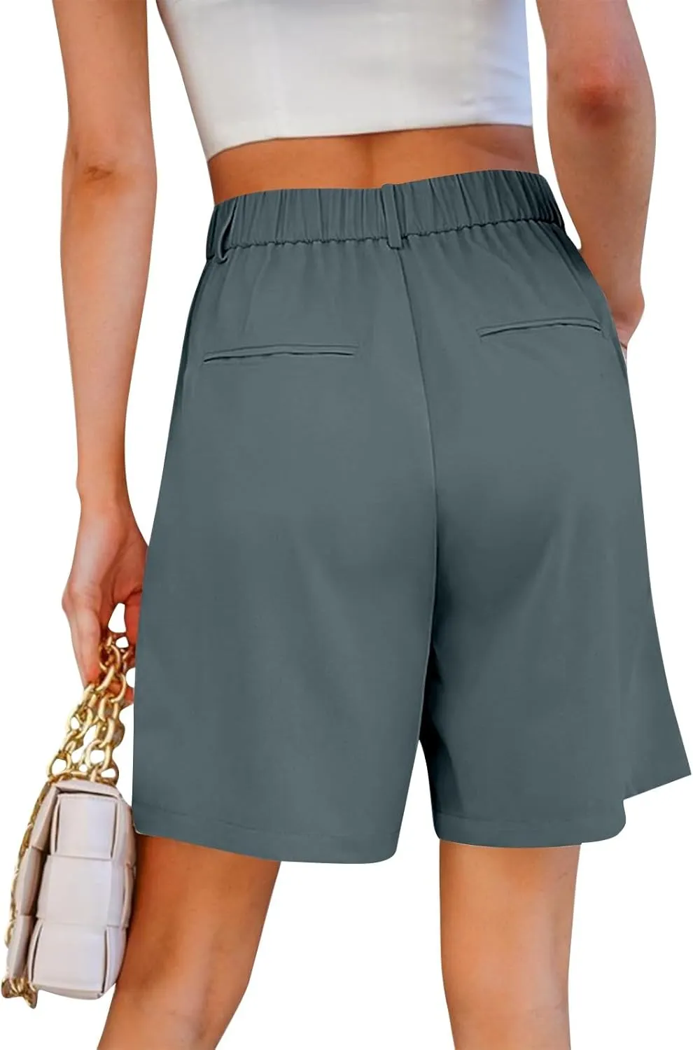 Linen Shorts for Women Dressy Casual Bermuda Shorts Summer Pleated Elastic High Waisted Short Wide Leg Short