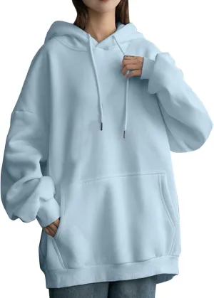 Long Sleeve Simple Hoodies for Women Slouchy Fit Casual Hooded Sweatshirt Fall Comfy Drawstring Tops with Pockets