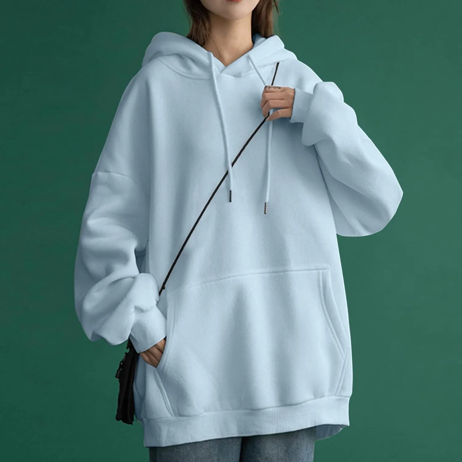 Long Sleeve Simple Hoodies for Women Slouchy Fit Casual Hooded Sweatshirt Fall Comfy Drawstring Tops with Pockets