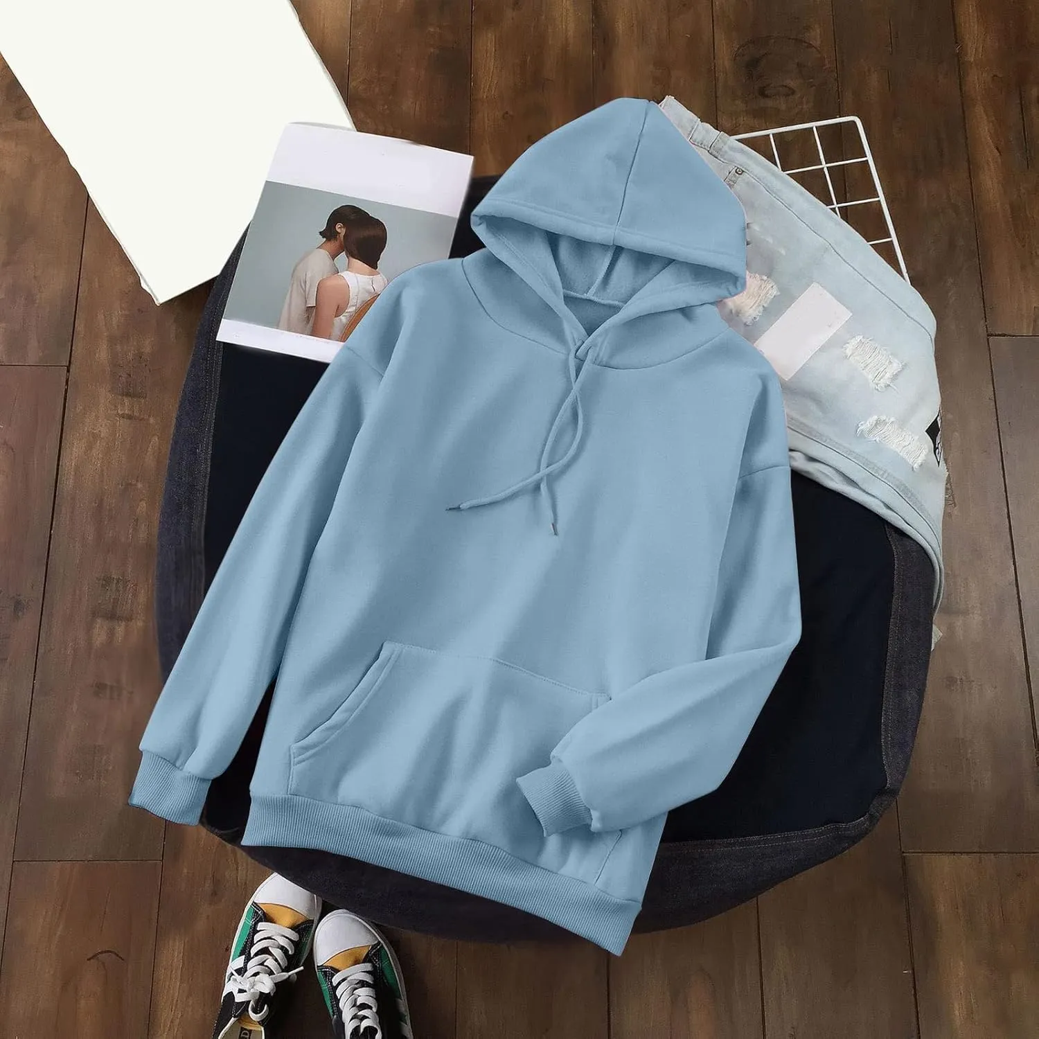 Long Sleeve Simple Hoodies for Women Slouchy Fit Casual Hooded Sweatshirt Fall Comfy Drawstring Tops with Pockets